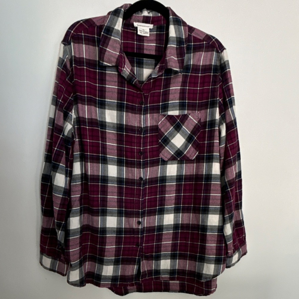 beachlunchlounge Plaid Flannel Button-Up Collared Shirt Wild Rose XL 100% Cotton